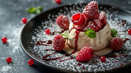 food dessert black plate background restaurant fine ice cream sweet top elegant gourmet luxury brown dish : Generative AI