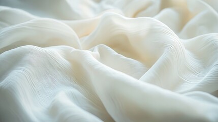 Macro photograph of crumpled white fabric, capturing the fine details of the wrinkles and folds with soft lighting to create a soothing and elegant background.