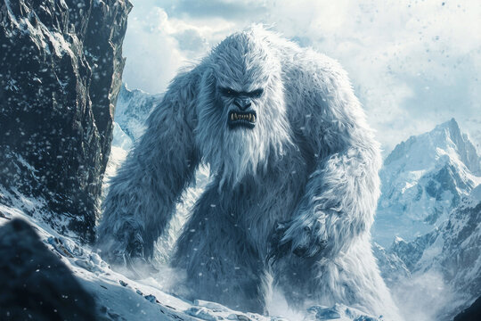 Ferocious yeti stomping through a snowy mountain landscape. Perfect for concepts of mythical creatures, wilderness, and winter adventure.