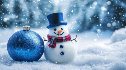 Fototapeta premium Christmas ornament and a snowman wearing a hat, set against a winter background with copy space