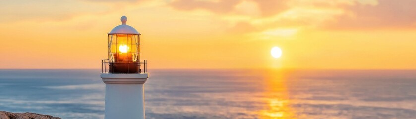 Obraz premium A tranquil sunset scene featuring a lighthouse standing tall against the vibrant colors of the sky and ocean horizon.