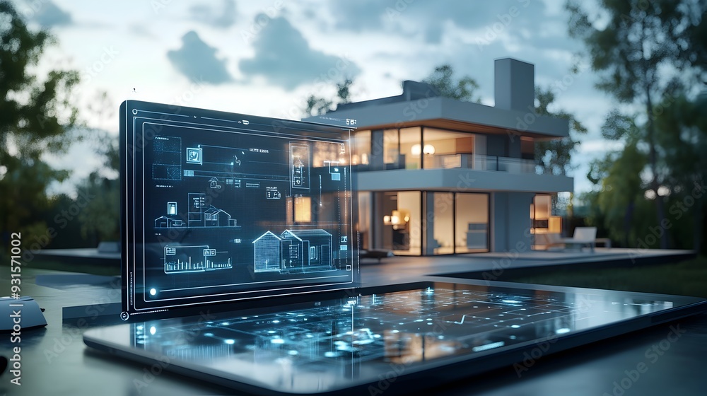 Poster digital twin of smart home automation and control features showcased on tablet display real time mon