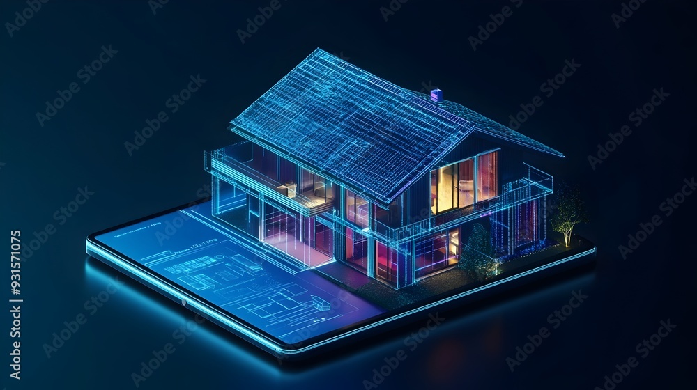 Poster digital twin of a smart home displayed on a tablet providing real time visibility and control over a