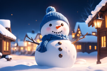 Obraz premium Snowman with winter landscape and snow high quality background 