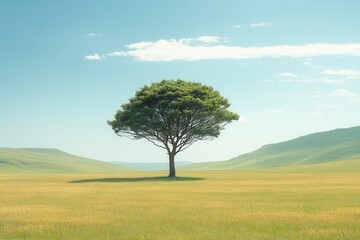Obraz premium Solitary Tree in a Vast Green Field Under a Clear Blue Sky with Rolling Hills in the Background