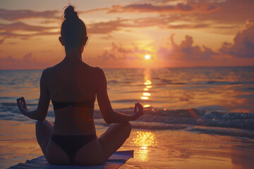 Back View of a Woman Practicing Yoga at Sunset on the Beach