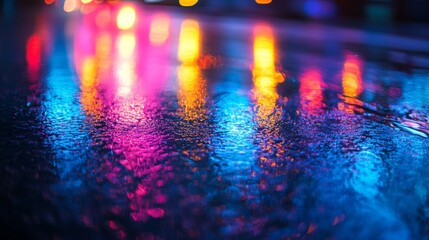 Neon Light Reflection: An abstract close-up of neon lights reflecting off a wet, metallic surface, creating a vibrant, colorful effect.