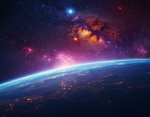 Fototapeta premium Beautiful cosmic Outer Space background Wallpaper Illustration. Ai generated image.