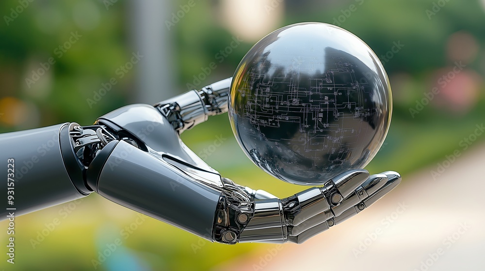 Poster a robot is holding a ball in its hand. the robot is made of metal and has a mechanical appearance. t