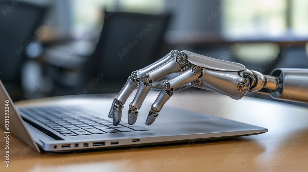 Poster a robotic hand is typing on a laptop keyboard. concept of technology and automation, as the robotic 
