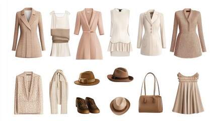Naklejka premium A collection of beige and brown women's clothing and accessories isolated on a white background. The collection includes blazers, dresses, a hat, shoes, a scarf, and a handbag.