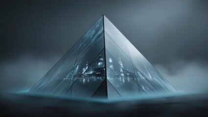 A crystal pyramid reflecting a vibrant cityscape at neon night with blurred lights and urban architecture.	