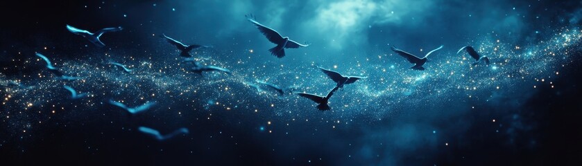 Obraz premium A mesmerizing scene of birds flying through a cosmic sky filled with sparkling stars and swirling colors, evoking a sense of wonder.