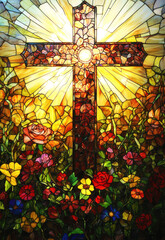 large Christian cross made of stained glass with rays coming out behind it, surrounded by flowers and sunbeams. Religious Christianity concept