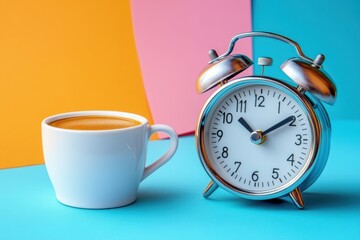 Retro Alarm Clock and Coffee Cup on Colorful Background - Morning Routine Concept with Vibrant Colors