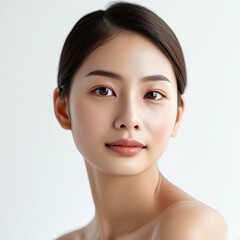 Obraz premium Portrait of young beautiful woman with perfect smooth skin isolated over white background. Perfect face, taking care after skin condition, generated by AI