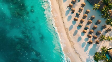 Aerial view of white sand beach with many all inclusive hotels in Punta Cana Turquoise water tall palm trees and straw umbrellas on the coast Best place for summer vacations : Generative AI