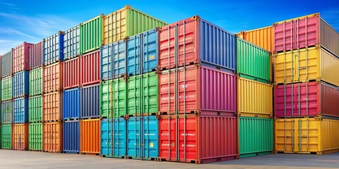 Fototapeta premium Colorful stack of shipping containers , vibrant, containers, stacked, colorful, cargo, shipment, storage, logistics