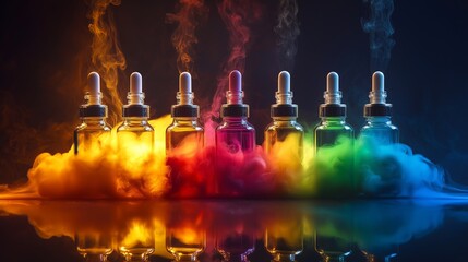 A row of colorful vials of different colored liquids are sitting on a table with a cloud of smoke in the background