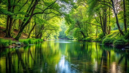 Obraz premium Serene river flowing through a lush forest , nature, water, trees, peaceful, tranquil, landscape, green, foliage