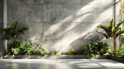 Blank concrete wall in modern empty room with tropical plant garden Luxury house interior with green palm trees Minimal architecture design : Generative AI