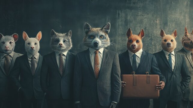 Unique artistic portrayal of animals in suits, symbolizing business and corporate culture. A playful take on professionalism.
