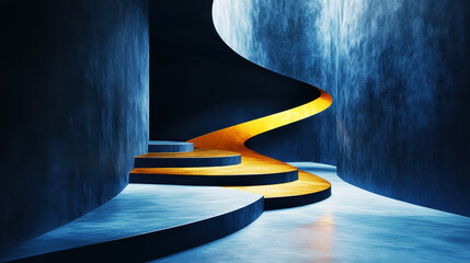 Spiral staircase, in the style of blue and yellow, interior design concept, dark background, conceptual installation art, sculptural expressionism, light gray concrete floor, modernist architecture