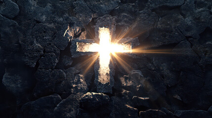 stone cross in a wall of a tomb with rays of light shining through it. The background is dark and rocky. Christianity religious God's grace symbol