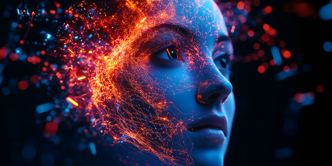 Digital human face portrait intertwined with glowing circuits Digital and Technology Concept