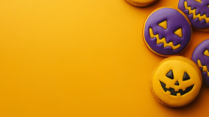 Halloween decorated biscuits with jack-o-lantern faces on an orange background. Purple and orange Halloween themed background with copy space. 