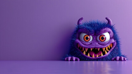 A cute purple furry monster with large eyes peeking out from the bottom on a purple background