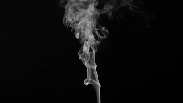White natural steam or smoke rising from food or hot drink on black background.
