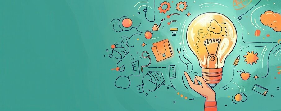 Creative strategy, flat design, front view, critical thinking theme, cartoon drawing, colored pastel