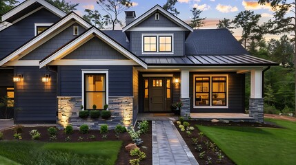 Modern farmhouse dark grey with front porch : Generative AI