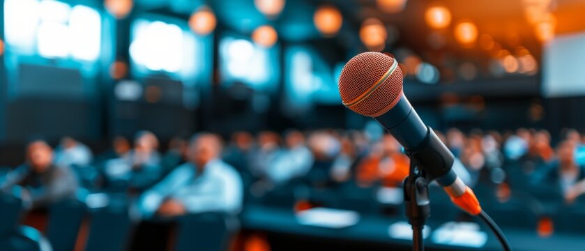 A close-up of a microphone in front of an audience, capturing the essence of public speaking and engagement at an event.
