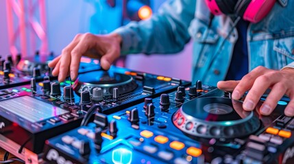 Obraz premium A DJ mixes music at an energetic event, using modern equipment with colorful lights illuminating the scene.
