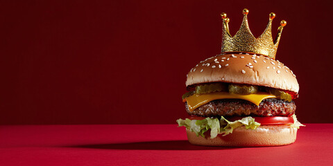 a hamburger topped with a regal crown, set against a vibrant red studio background, king of hamburgers concept
