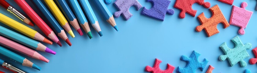 Fototapeta premium Puzzle piece solutions, flat design, top view, art supplies theme, animation, colored pastel