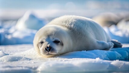 Seal pup peacefully sleeping on snowy ice surface in polar region , Endangered, species, environmental protection, arctic