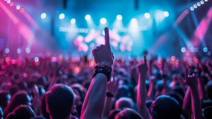 A vibrant concert scene featuring enthusiastic fans with raised hands, illuminated by colorful stage lights.