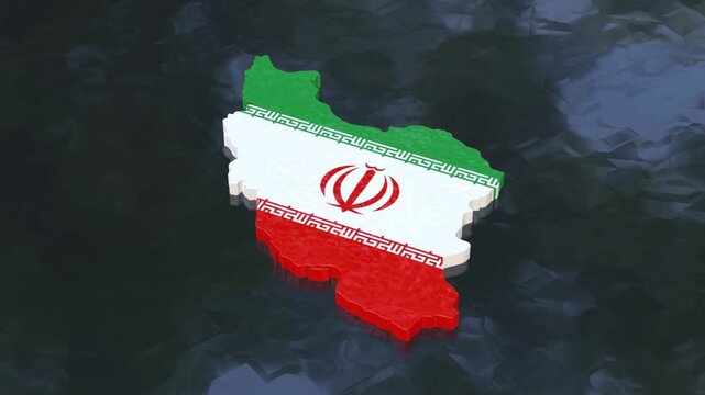 3D map of Iran moving on a black textured floor. The country's area features the Iran flag texture with a luma matte effect. 3d rendering