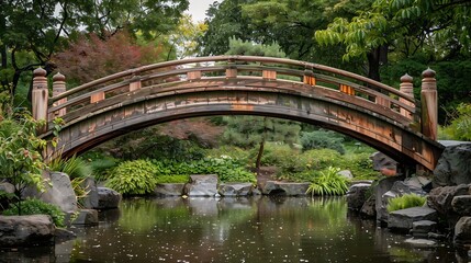 Fototapeta premium Beautiful Japanese bridge in Brooklyn botanical garden with green surroundings : Generative AI