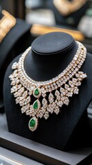 Fototapeta premium A stunning golden necklace adorned with intricate designs and diamonds is elegantly displayed on a mannequin, attracting customers in an Indian jewelry showroom