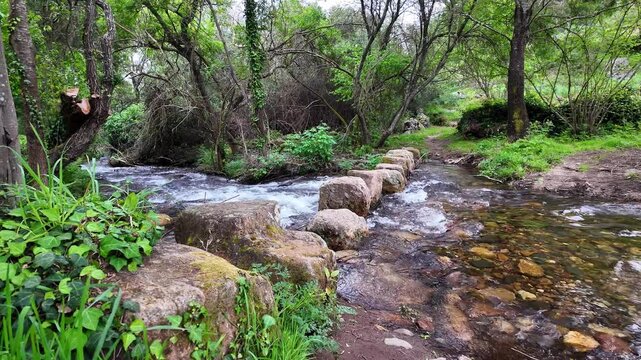 A bridge of stones over a stream at Percurso Pedestre de Galegos in Portalegre District in Portugal