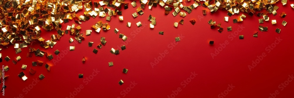 Wall mural golden glitter and confetti scattered on a soft red background creating a festive and luxurious effe