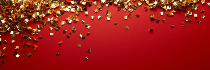 Golden glitter and confetti scattered on a soft red background creating a festive and luxurious effect Ideal for celebration visuals party themes or luxurious designs