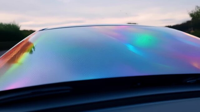 Iridescent holographic vinyl car wrap reflecting sunset colors, creating a colorful rainbow spectrum. Modern technology adds stylish detail to shiny vehicle