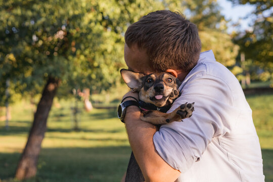 Smiling middle-aged man walks and plays with a small dog in public park