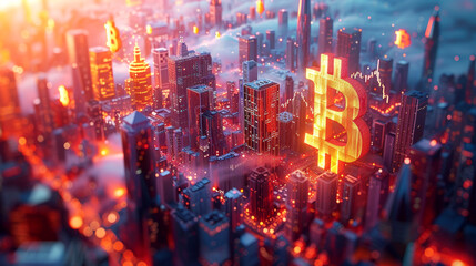 Obraz premium Futuristic city with glowing Bitcoin logos on skyscrapers beneath a cosmic sky, blending finance with a sci-fi theme.