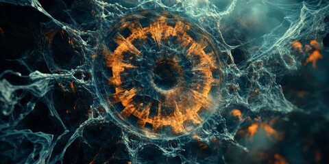 Obraz premium Abstract fiery wheel in blue and orange tones, resembling an explosion of energy. Ideal for futuristic, sci-fi, or technology-themed designs.